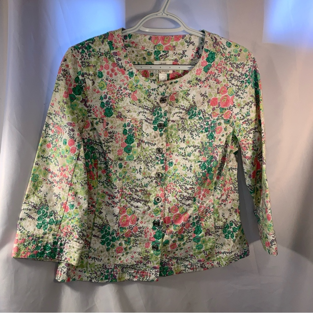 Christopher & Banks Jacket Medium White Floral Button-Front Top Pink Green